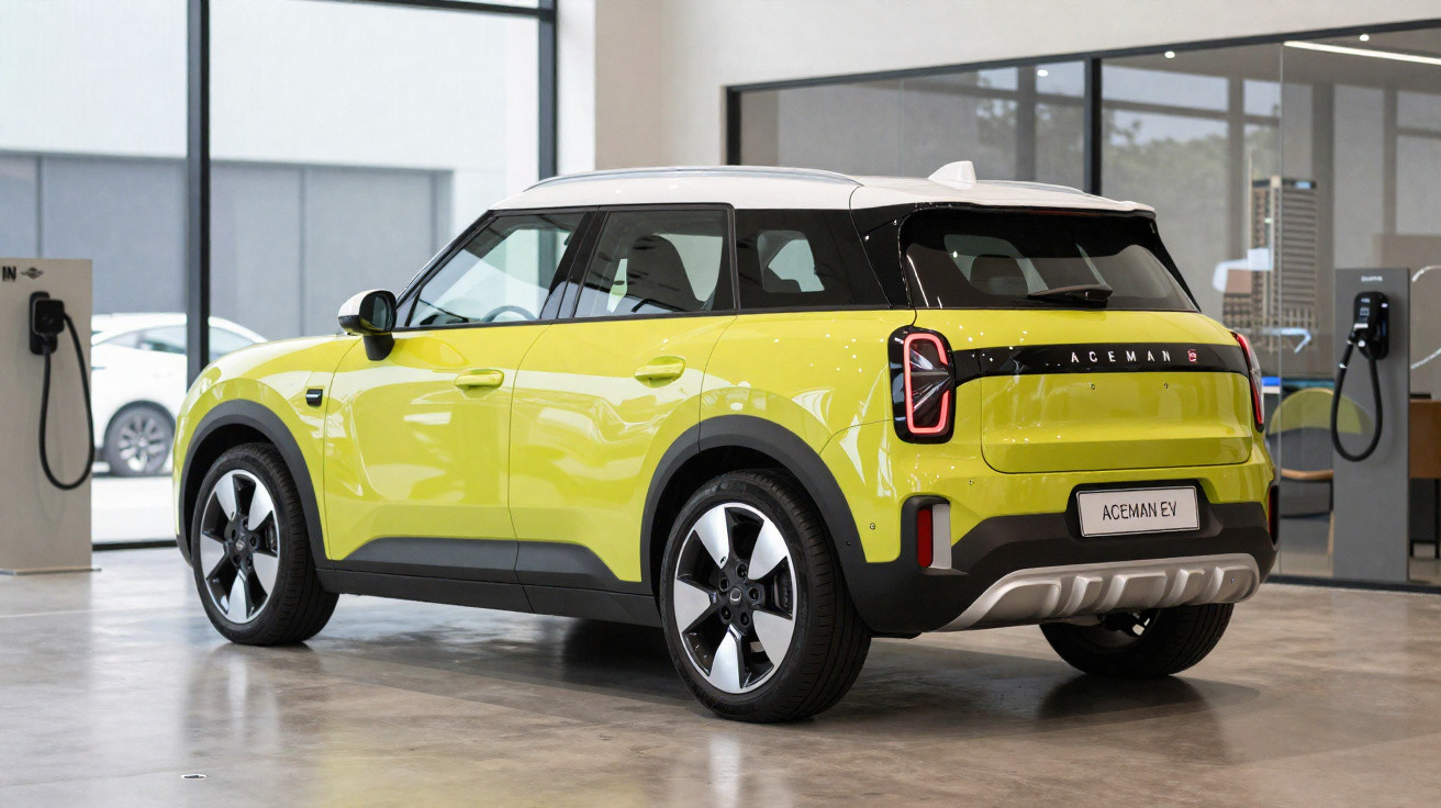 Gelb-weißer Aceman EV Elektro-SUV in modernem Showroom neben Ladestationen stehend.