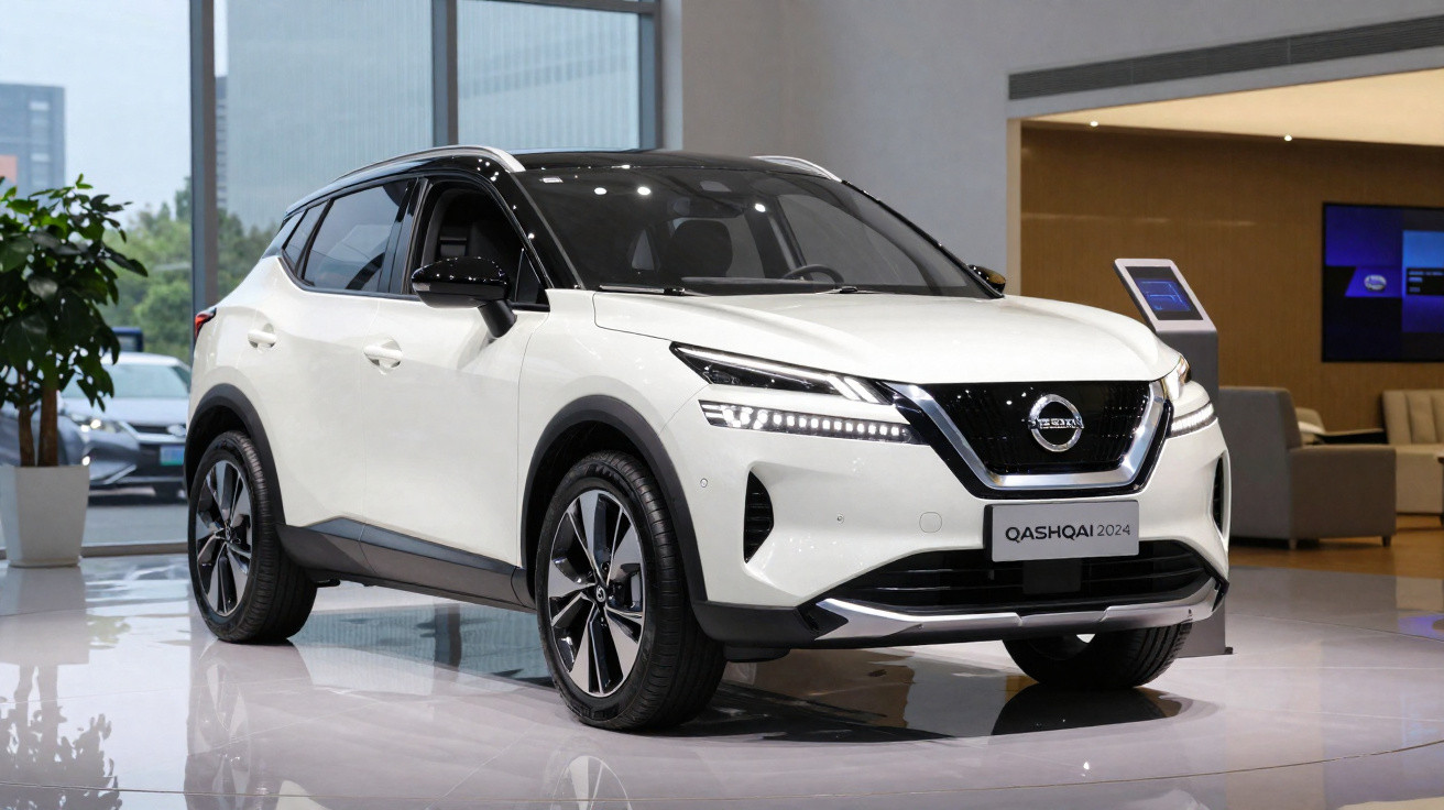 Weißer Nissan Qashqai 2024 SUV mit schwarzem Dach in einem modernen Showroom ausgestellt.