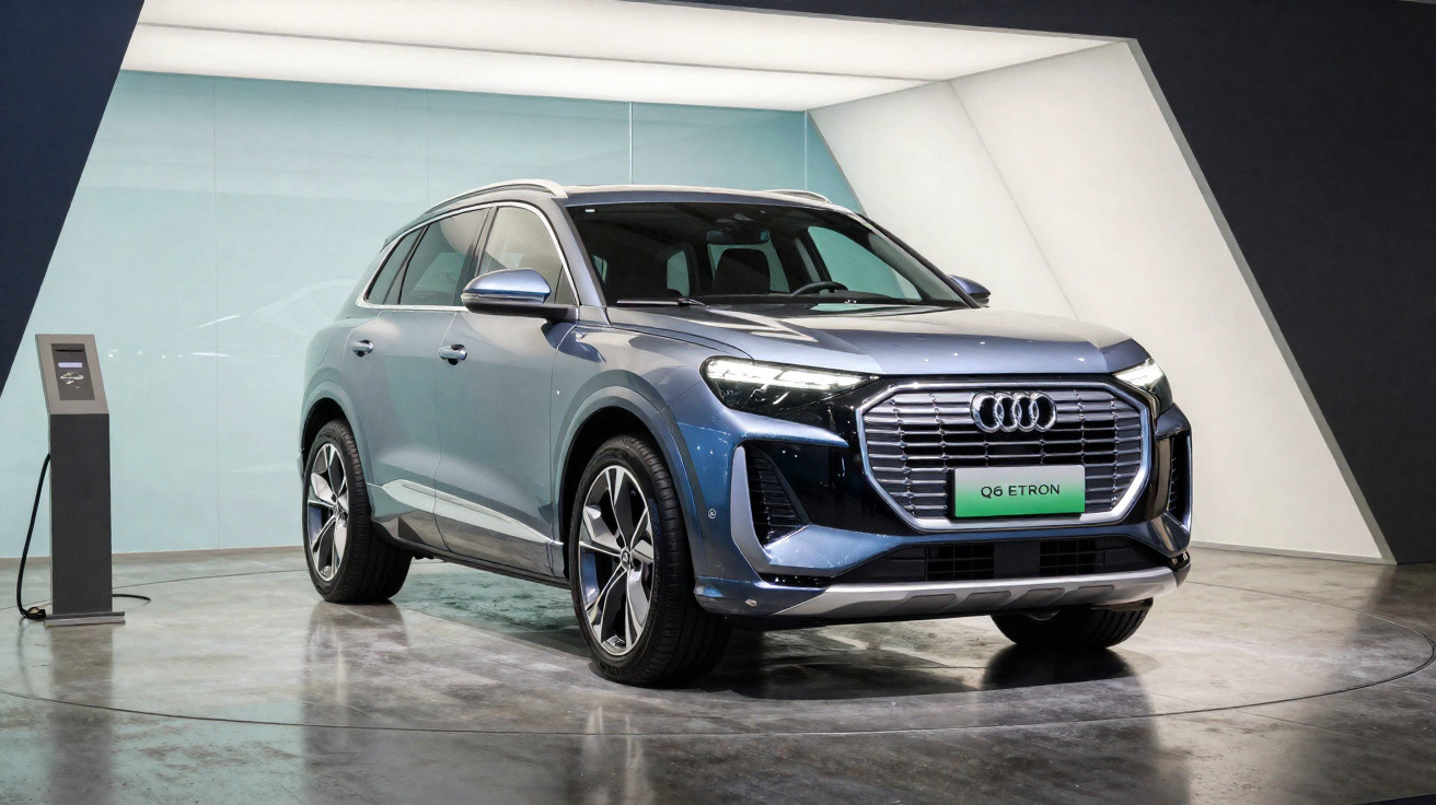 Silberblauer Audi Q6 e-tron Elektro-SUV in modernem Ausstellungsraum mit Ladestation.