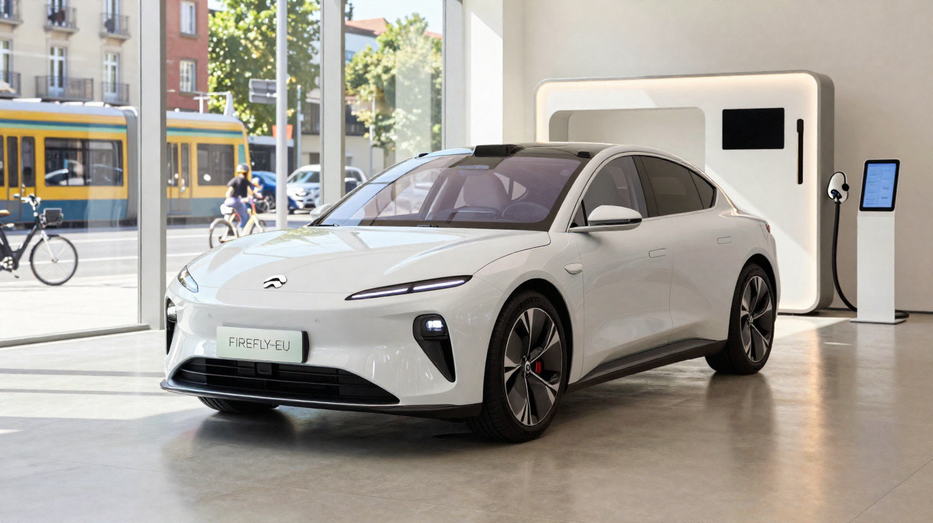 Weißes Elektroauto an Ladestation in modernem Showroom mit Straßenblick im Hintergrund.
