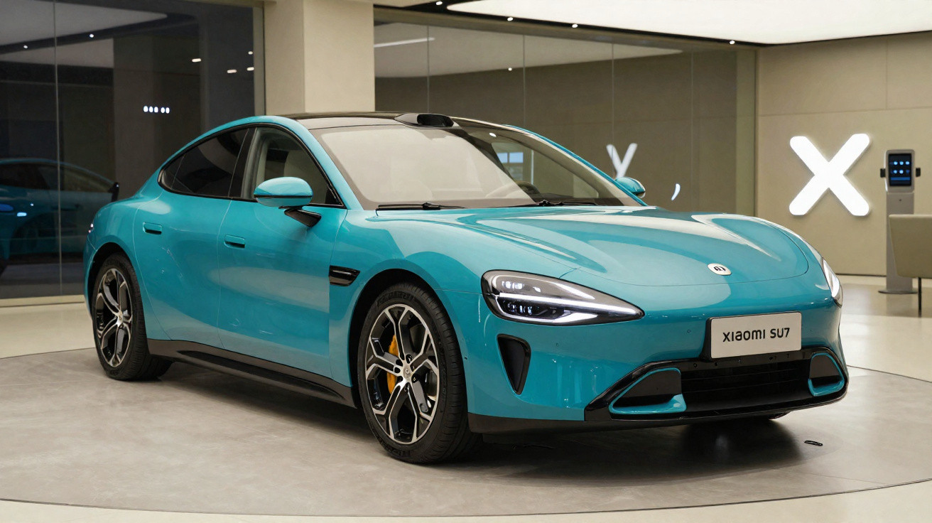 Türkisfarbener Xiaomi SU7 Elektro-Sportwagen in einem modernen Showroom, frontal rechts sichtbar.