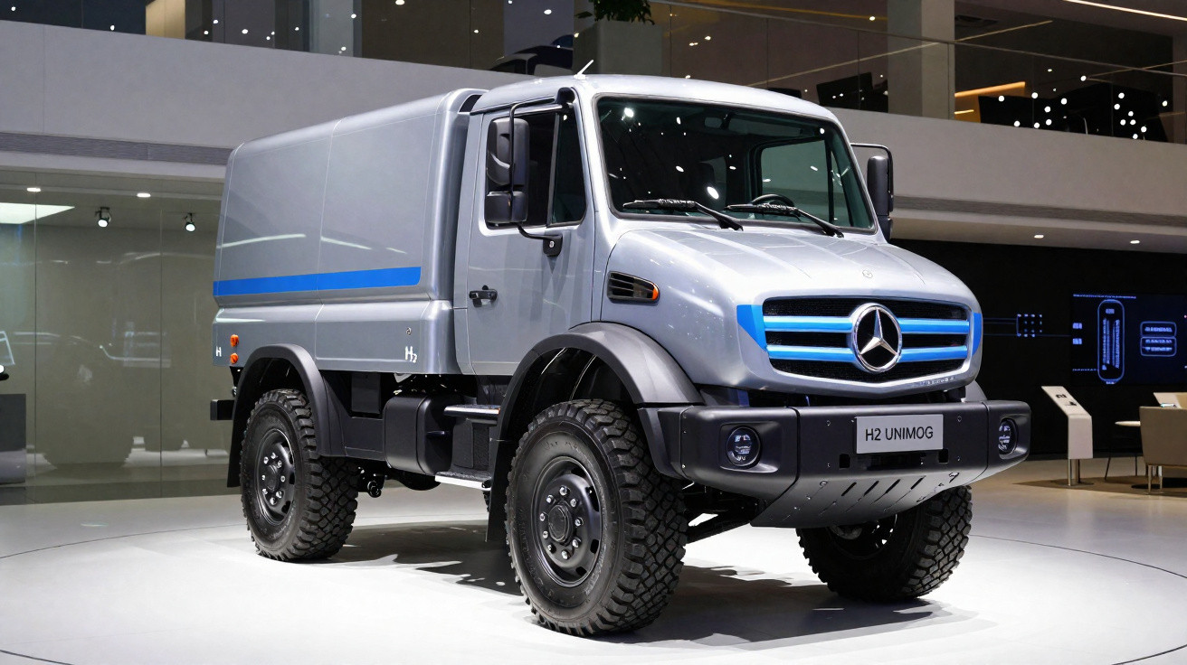 Mercedes-Benz H2 Unimog Wasserstoff-Lastwagen in Ausstellung mit hellgrauer Karosserie und blauen Akzenten