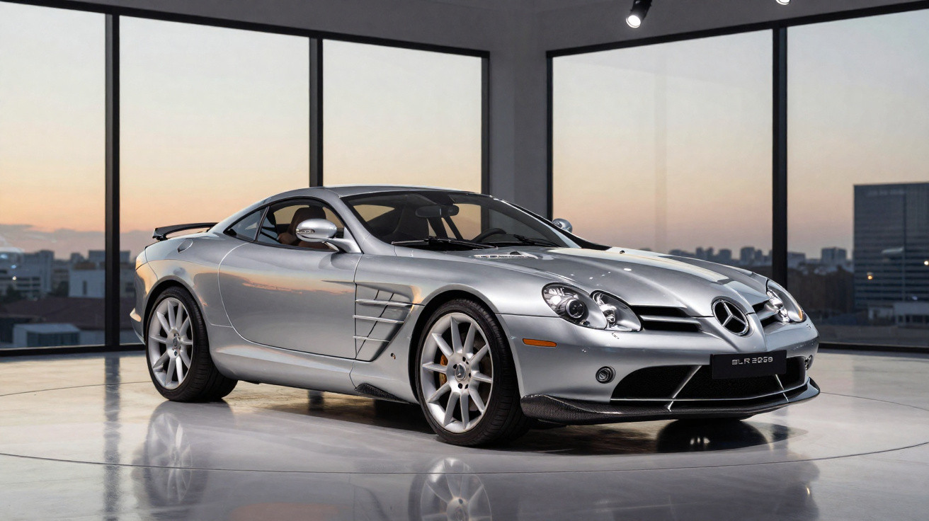 Silberner Mercedes-Benz SLR McLaren Sportwagen in modernem Showroom mit großen Fenstern bei Sonnenuntergang.