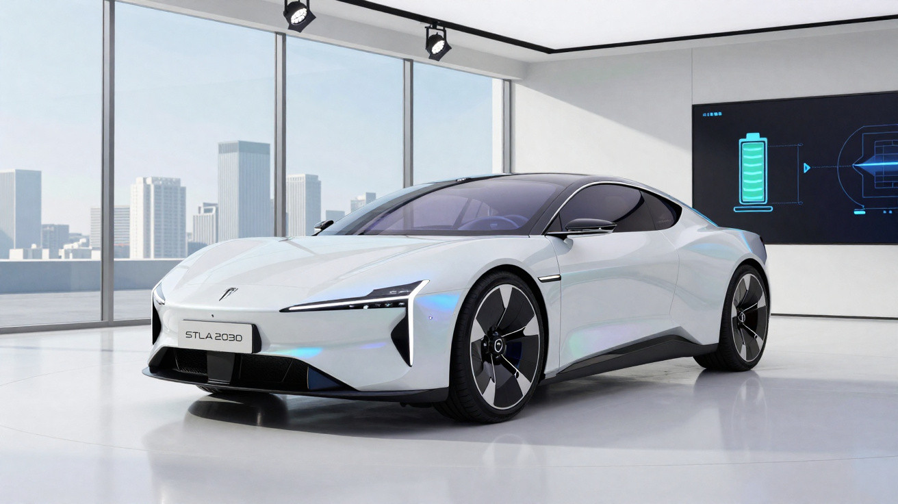 Weißes Elektro-Sportwagenmodell Stla 2030 in modernem Showroom mit großen Fenstern und Stadtpanorama.