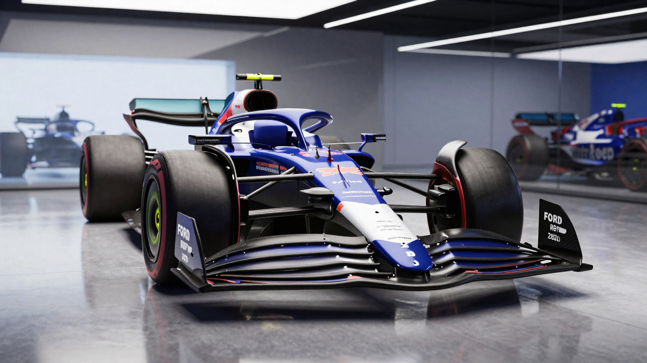 Moderner Formel-1-Rennwagen in Blau-Weiß mit großen Reifen in einer hellen Ausstellungshalle.