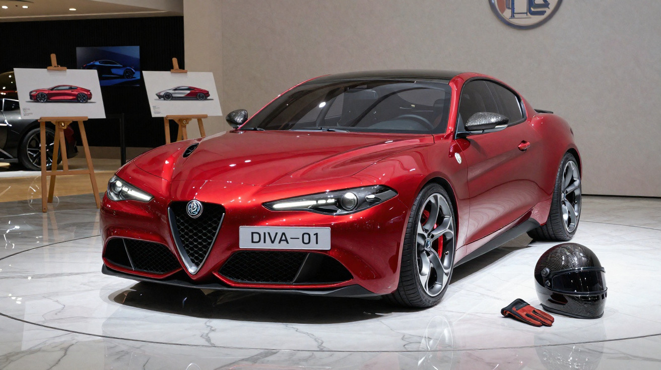 Roter Alfa Romeo Sportwagen DIVA-01 auf Ausstellung mit Helm und Handschuhen auf dem Boden.