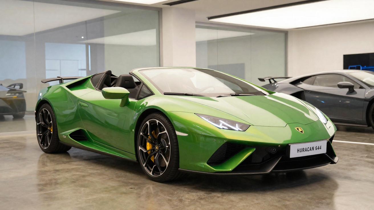 Grüner Lamborghini Huracán Spyder im modernen Showroom, Seiten- und Frontansicht, schwarze Felgen und gelbe Bremsen.