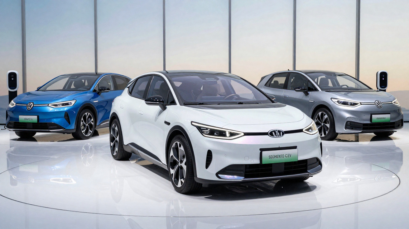 Drei moderne Elektroautos verschiedener Marken in weiß, blau und grau auf einer glänzenden Präsentationsfläche.