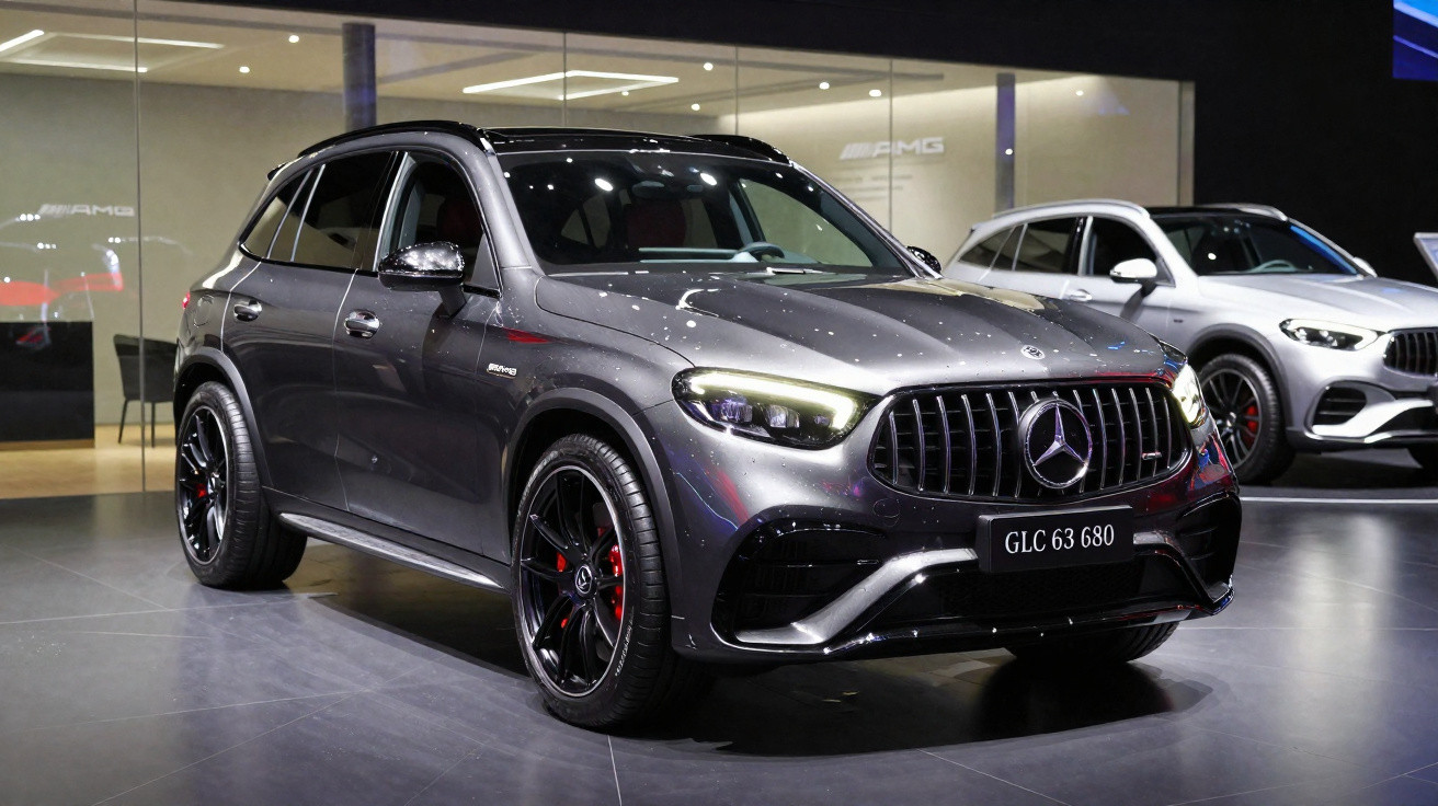 Mercedes-Benz GLC 63 680 AMG in Grau auf einer Automesse, mit LED-Scheinwerfern und schwarzem Raddesign.