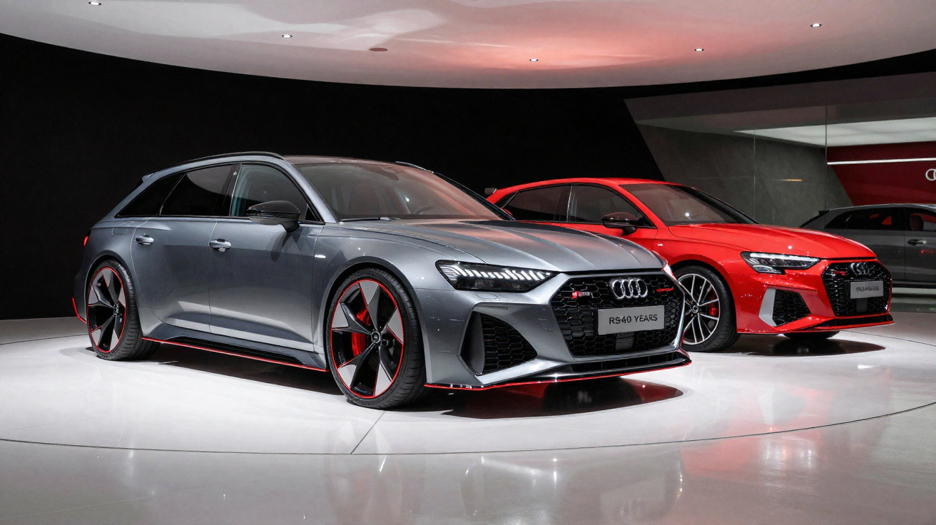 Zwei sportliche Audi RS-Modelle in Grau und Rot auf einer Messe mit reflektierendem Boden und dunklem Hintergrund.