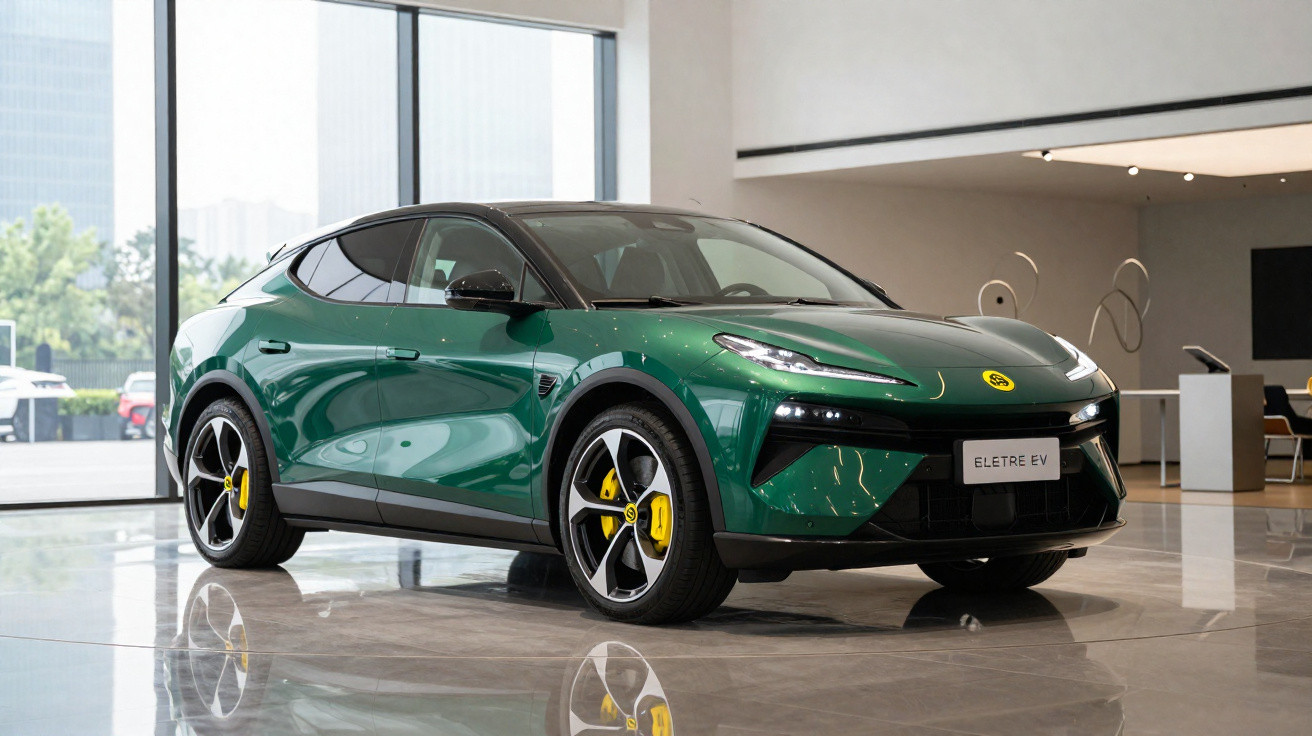 Grünes Elektroauto SsangYong Eletre EV in modernem Showroom mit reflektierendem Boden und großen Fenstern.