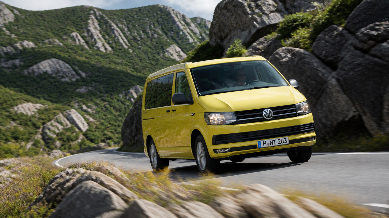 Gelber VW Kleinbus fährt auf kurviger Bergstraße mit Felsen und bewaldeten Hügeln im Hintergrund.
